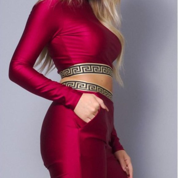 Women Red Sexy High Neck Stretchy Crop Top Long Sleeve - Picture 1 of 4